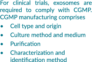 For clinical trials, exosomes are required to comply with CGMP. CGMP manufacturing comprises • Cell type and origin •...