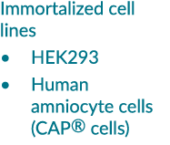 Immortalized cell lines • HEK293 • Human amniocyte cells (CAP® cells)